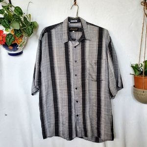 FINAZZINI Men's XL 100% linen button front shirt gray and black stripes oversize